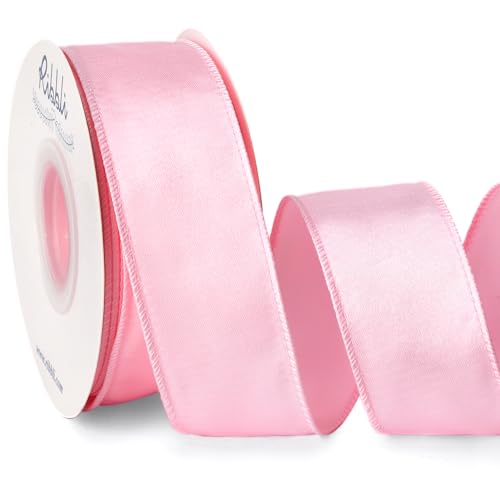Ribbli Light Pink Satin Wired Ribbon 1.5 Inch Pink Christmas Ribbon for Gift Wrapping Wreaths Garland Tree Decoration Crafts Home Decor-Continous 20 Yards