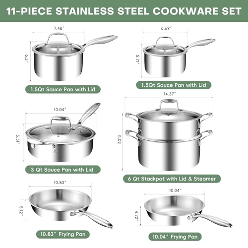 Image of 11-Piece Pots and Pans Set, 18 /10 Stainless Steel Cookware Set, Induction Compatible, PFOA-Free Coating, Dishwasher Safe, Includes Frying Pan & Sauce Pan with Lids