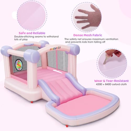 AKEYDIY Bounce House, Pastel Bouncer with Slide, Pink Inflatable Jumping Bouncy Castle for Kids Birthday Party Gifts Outdoor & Indoor, UL Blower Included