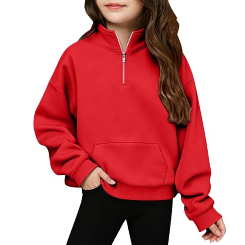 Girls Half Zip up Sweatshirt Trendy Winter Cropped Long Sleeve Pullover Red