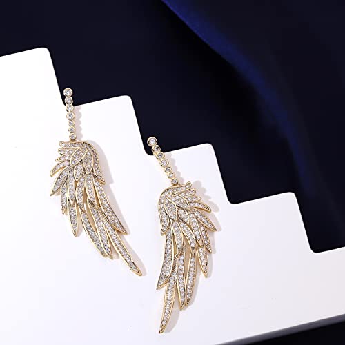 S925 Sterling Silver Post Dangle Drop Angel Wings Earrings for Women Gold Blue Cubic Zirconia Crystal Guardian Angle Dangling Earrings for Wife Mom Her3