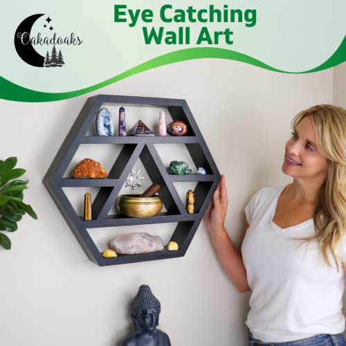 Hexagon Crystal Shelf Display - Large 21" Black Geometric Altar Shelf For Crystals - Table Or Hanging Wood Hexagon Floating Shelves -Boho Crystal Display Shelf & Essential Oils - Spiritual Decor Gifts #TOP4