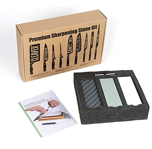 Hosom Whetstone Knife Sharpener Kit, 400/1000 3000/8000 Japanese Sharpening Stone, Wet Stone For Sharpening Kitchen Knives With Non-Slip Bamboo Base, Flatting Stone And Angle Guide #TOP5
