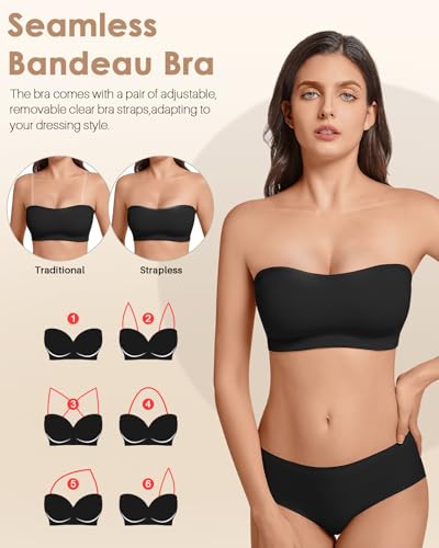 Image of LEYSHE Strapless Bra for Women Bandeau Bra Wireless Seamless Padded Tube Top Non-Slip Bandeau Top with Hook and Eye Closure