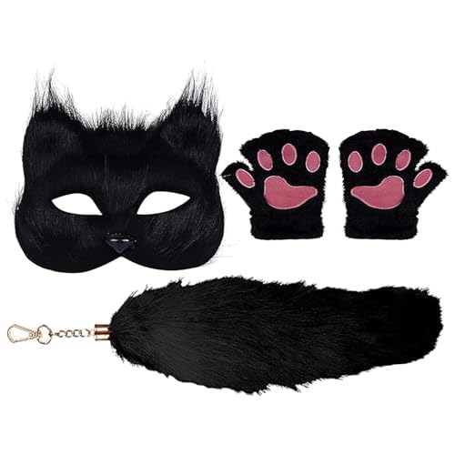 Samuliy Juego de orejas y cola de lobo, cara y cola de pata peluda, accesorio de disfraz de gato, bonitos guantes decorativos para mascarada de Halloween