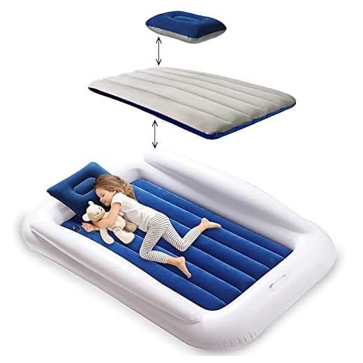 USHMA Upgrade Travel Toddler Bed with Grey-Navy Fabric Air Mattress, Inflatable Toddler Bed with Safety Bumper, Portable Blow Up Inflatable Toddler Bed with Sides for School, Camping, Home