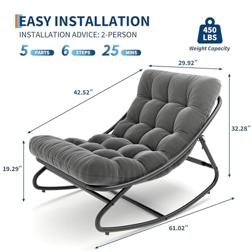 IDEALHOUSE Outdoor Rocking Chair with Metal Frame, Adjustable Papasan Rocker, Waterproof Comfy Cushion, 450lbs Capacity, for Patio, Porch, Garden, Living Room, Dark Grey - Image 3