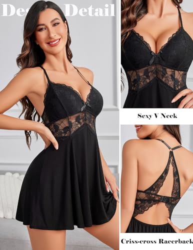 Image of Avidlove Sexy Modal V Neck Lace Babydoll Lingerie Dress Set with Thong 2 Piece