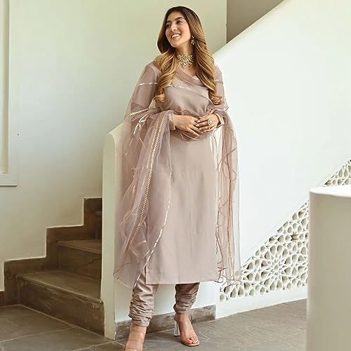 Image of GoSriKi Women's Cotton Blend Straight Solid Kurta with Pant & Dupatta