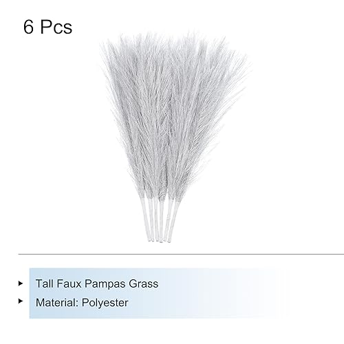 Uxcell 6Pcs Faux Pampas Artificial Grass Small 45cm/17.7" Fake Fluffy Pampas Artificial Grass 7 Branches Artificial Plants Vase Filler for Home Office Vase Wedding Decoration Silver - Image 3