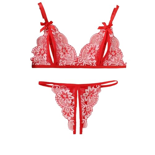 Oplxuo Sexy Lingerie Set for Women Cute Push Up Strappy Mesh Sheer Bra and Thong 2 Piece Outfits Red