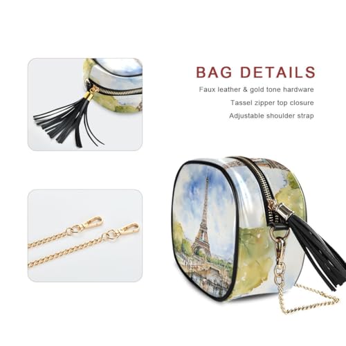 Image of ALAZA Women's Paris Eiffel Tower Tower Watercolor PU Leather Crossbody Bag Shoulder Purse with Tassel