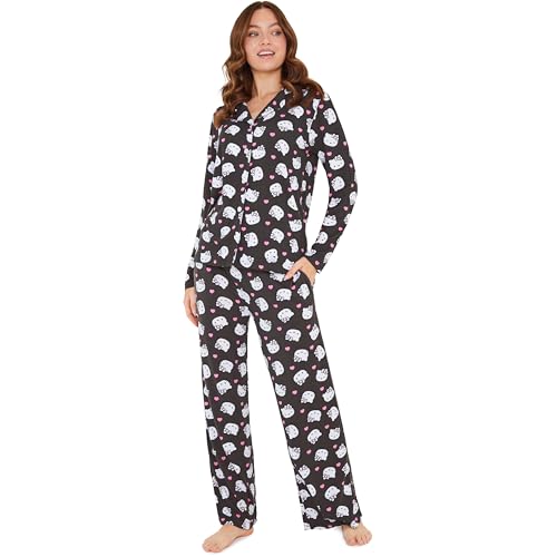 Hello Kitty Sanrio Pyjama Femme et Ado 2 Pièces, Kuromi Ensemble Pyjama Boutonné avec Pantalon Long, Vêtement de Nuit Anime (Noir Hello Kitty, 2XL)