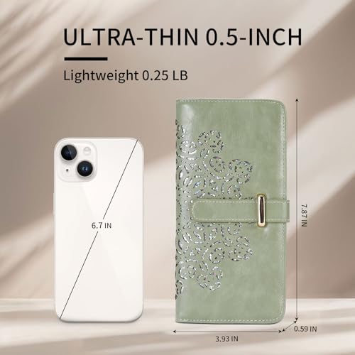 Ultra Slim RFID Wallet Women Thin Clutch Bifold Compact Long Womens Coin Wallet with Hollow Out Mandala GREEN2