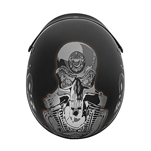 VCAN Cruiser Solid Flat Black Half Face Motorcycle Helmet with Drop-Down Sun Visor, Removable Peak and Quick Release Buckle (Red Skull, Large)
