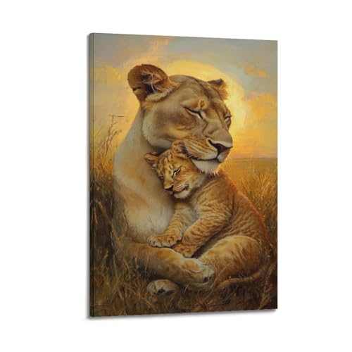 Peinture à l'huile lionne et louveteau pour sublimer votre salon au coucher du soleil