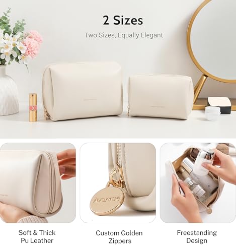 Aveniee Travel Makeup Bag Small, Vegan Leather Cosmetic Pouch for Purse, Wide-open Toiletry Organizer with Dividers & Zipper for Women-Beige3