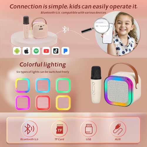 Image of One94Store Portable Bluetooth Speaker 10W with Wireless Karaoke Mic, Bluetooth 5.1, 8H Playtime, 5 Voice Change Effects, RGB LED Lights, TF Card Support, Type-C Charging, Mini Wireless Speaker-Cream