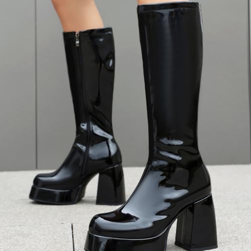 MeiLuSi Black Knee High Boots Tall Boots for Women Black Gogo Boots of 70s Square Toe Stretch Boots Chunky Heel Platform Boots Costume Dress Party Club Shoes3