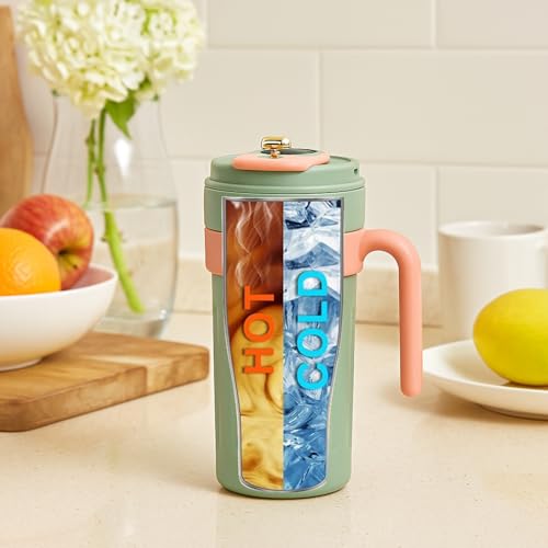 Image of NYRWANA Smart Coffee Travel Mug 650ml | 304 Stainless Steel Vacuum Insulated Cup | LED Touch Screen Temperature Display | Leak-Proof Flask for Hot & Cold Drinks, Office, Travel & Outdoor (Green Pink)