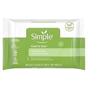 Simple Sensitive Skin Experts Kind To Skin Cleansing Facial Wipes, Waterproof Mascara Remover, Even Softer, 25 Count, (4 Pack)
