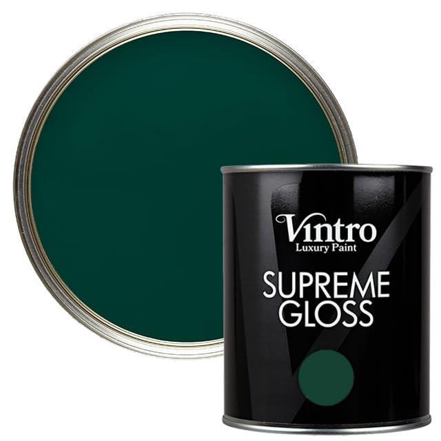 Vintro Paint | Gloss Paint | for Walls | Wood | Trim | Gloss Furniture Paint | Interior & Exterior Use. 1 Litre (Dark Green - Woodpecker Green) — image 1