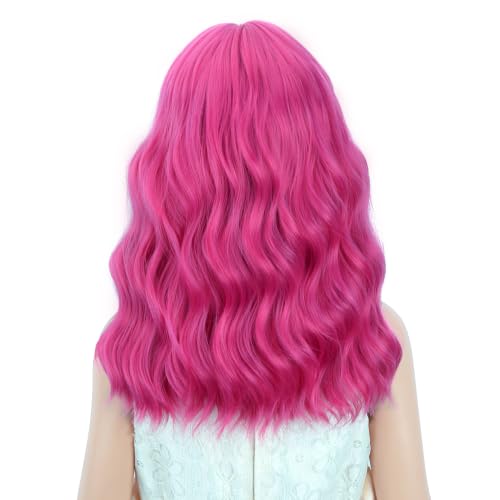 Image of PATTNIUM Hot Pink Wig for Kids Short Wavy Wig Neon Pink Wigs with Bangs Girls Magenta Cosplay Halloween Party Costume Wigs