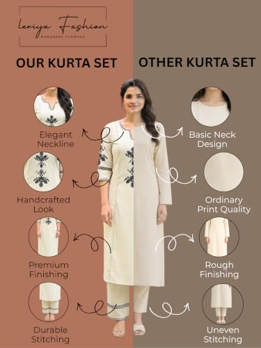 Image of Leriya Fashion Women's Cotton Straight Embroidered Kurta with Pant Set | Ethnic Motifs Work Kurti with Pant for Women | Casual & Office Outfit Ensemble | Kurta Sets for Woman