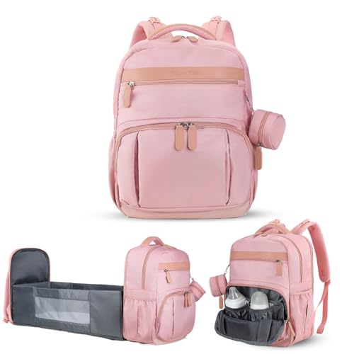 Image of Petino Pura Baby Diaper Bag Backpack with Changing Station, 28Liters Capacity Nylon Baby Registry Mom Bags, Travel Friendly Unisex Bag, Essential Bag with Insulated Pockets, Pink