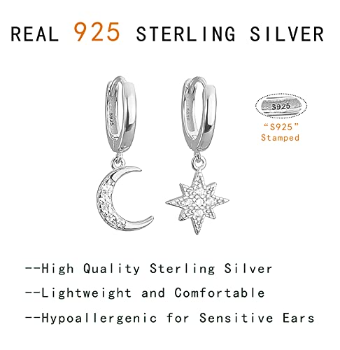 Pendientes de aro de plata para mujer con diseño asimétrico de estrella y luna celestial 7