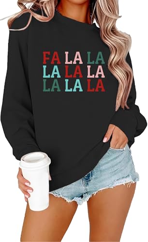 VERYNEAT Women Christmas Sweatshirts Fa La La La Christmas Song Long Sleeve Xmas Music Notes Crewneck Tops Black