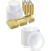 BESTVIP Gold Dinnerware Set for 100 Guests, Plastic Plates for Party, 100 Gold Disposable Plates, 100 Dessert Plates, 100 White Bowls, 100 Cups, 100 Spoons, 100 Forks and 100 Knives