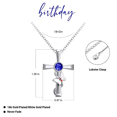 Fulcol Silver Sapphire Birthstone Cross Necklace For Women Girl, Butterfly Cross Religious Faith Jewelry Birthday Gifts For Her #TOP3