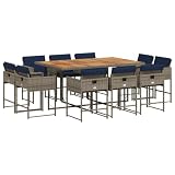 WDSAYREH 11 Piece Patio Dining Set with Cushions, Grey Poly Rattan Garden Furniture Set with Acacia Wood Tabletop and Foldable Chairs