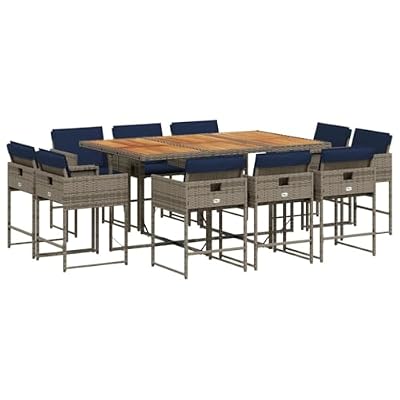 WDSAYREH 11 Piece Patio Dining Set with Cushions, Grey Poly Rattan Garden Furniture Set with Acacia Wood Tabletop and Foldable Chairs