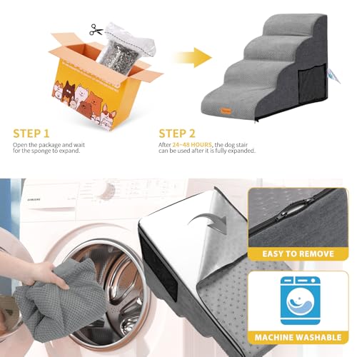 Dog Stairs for Small Dogs,4-Step,Foam Dog Steps&Ramps for Couch/High Beds with Waterproof &Removable Cover, Non-Slip, Grey