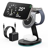 3 in 1 Wireless Charger Charging Station for iPhone,Qi2 Certified 15W Magnetic Charging Stand for Mag-Safe with 30W USB C Adapter&Friendly Night Light for iPhone 16/15/14/13/12,Apple Watch,AirPods