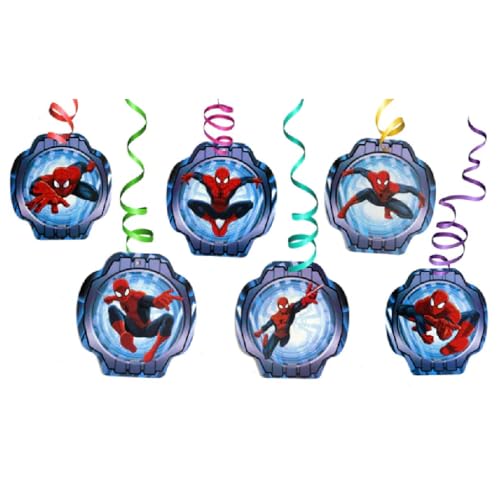 Image of WANNA PARTY Superhero Theme Hanging Swirl Decorations Pack of 12 with 6 Cutouts - Multicolor Ceiling Spiral Party Decor for Boys Birthday Decoration Items