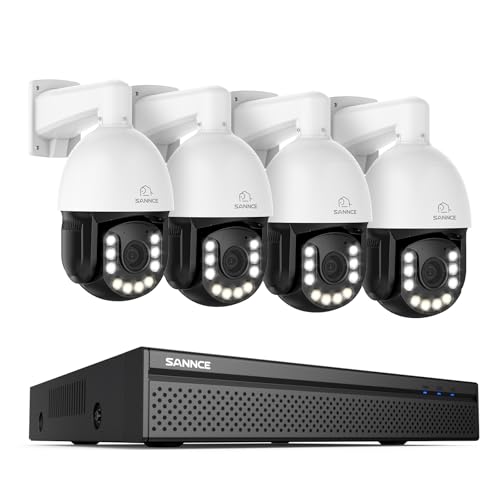 SANNCE 4K PoE PTZ kamera do monitoringu, zestaw 8 MP, 8-kanałowy, NVR, 4 PTZ, bez HDD z zoomem optycznym 20x, automatyczne śledzenie, kolorowy widok w nocy, 2-drożne audio, rozpoznawanie osób i