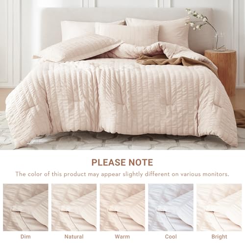 MUXHOMO 7 Pieces King Comforter Set, Seersucker Bed in a Bag King Size, All Season Luxury Bedding Set with Comforter, Flat Sheet, Fitted Sheet, Pillowcases & Shams, Beige