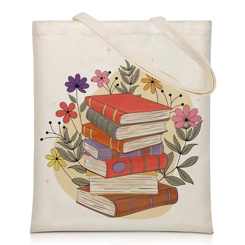 Fiodrimy Bolsa de lona feminina estética fofa reutilizável de algodão com zíper para compras na praia, Livro e flores, Tendência