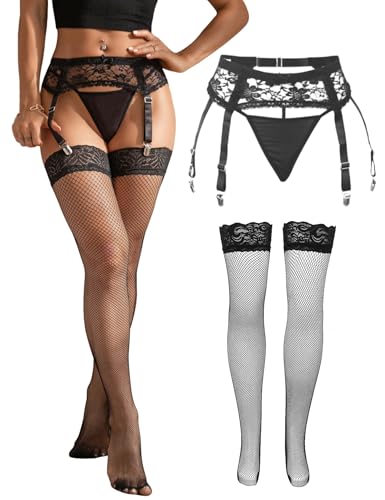 Image of Women Floral Lace Garter Belt Set with 4 Straps Plus Size Suspender Belt