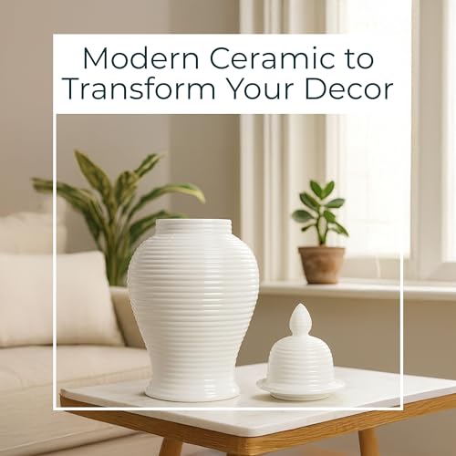 Stoneware Ginger Jar with Lid – Textured Ribbed Finish – Modern Decorative Ceramic Accent for Indoor Display – Home Decor for Living Room, Entryway or Bedroom – 24", White by Sagebrook Home - Used condition - Image 3