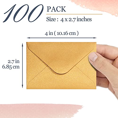 Gift Card Envelopes - 100-Count Mini Envelopes, Paper Business Card Envelopes, Bulk Tiny Envelope Pockets for Small Note Cards, Gold, 4 x 2.7 Inches