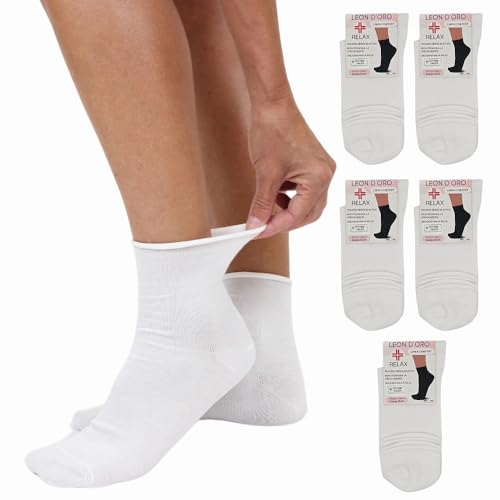 LEON D'ORO Calze Senza Elastico Donna COTONE per DiabeticI Calzini per Ospedale Anziani Made in Italy (IT, Numero, 35, 41, Regular, Regular, 5 Paia Bianco)