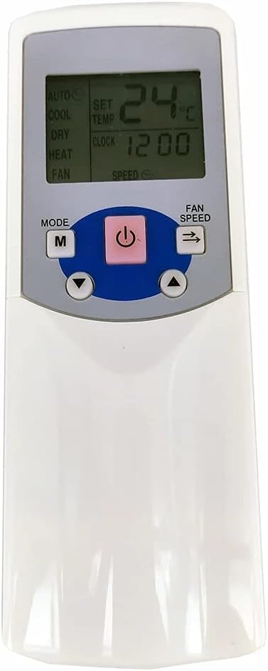 Close-up of the remote control's display showing temperature and clock settings