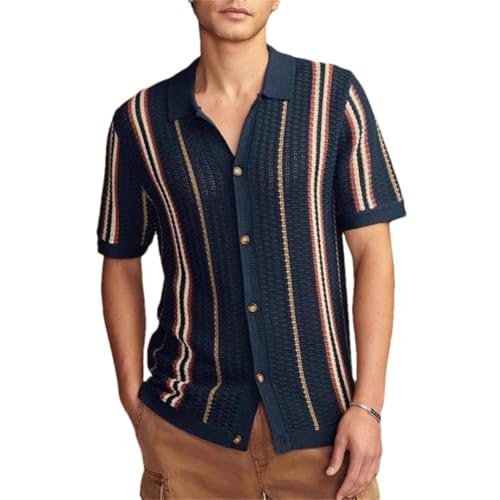 Men’S Slim Fit Hollow Out Striped Knitted Polo Cardigan Short Sleeve Button-Down Streetwear Top Tee
