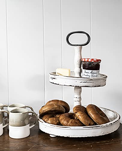 Creative Co-Op Distressed Wood 2-Tier Tray with Metal Handle, White - Image 6