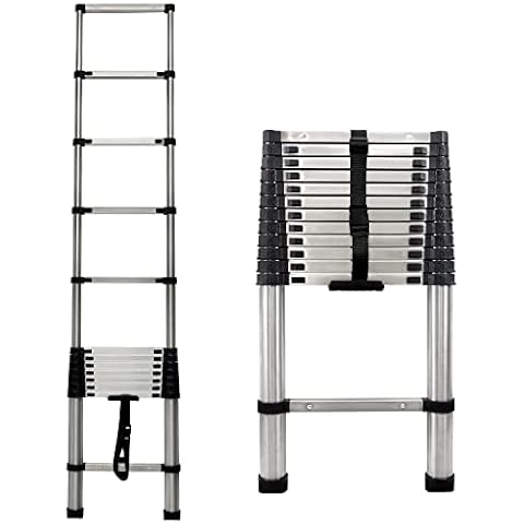 Telescopic Ladder 3.8M Stainless Steel Extension Multi-Purpose Portable Loft Step Ladder with Non-Slip Rubber Feet 150kg Capacity for Indoor Outdoor Activities, EN131 Certificated Cover