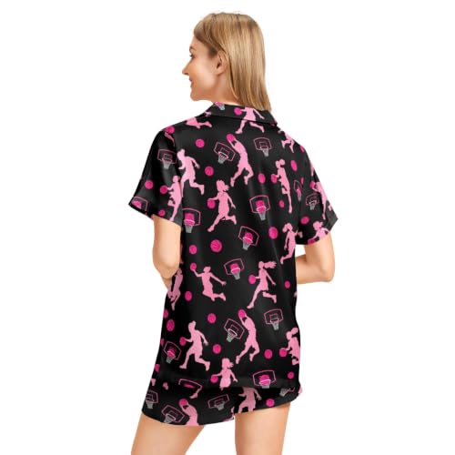 Image of Funny Pajamas for Women Set Print Satin Loungewear Pjs Short Sleeve Button Down Top and Shorts Sets Sleepwear XS-3XL